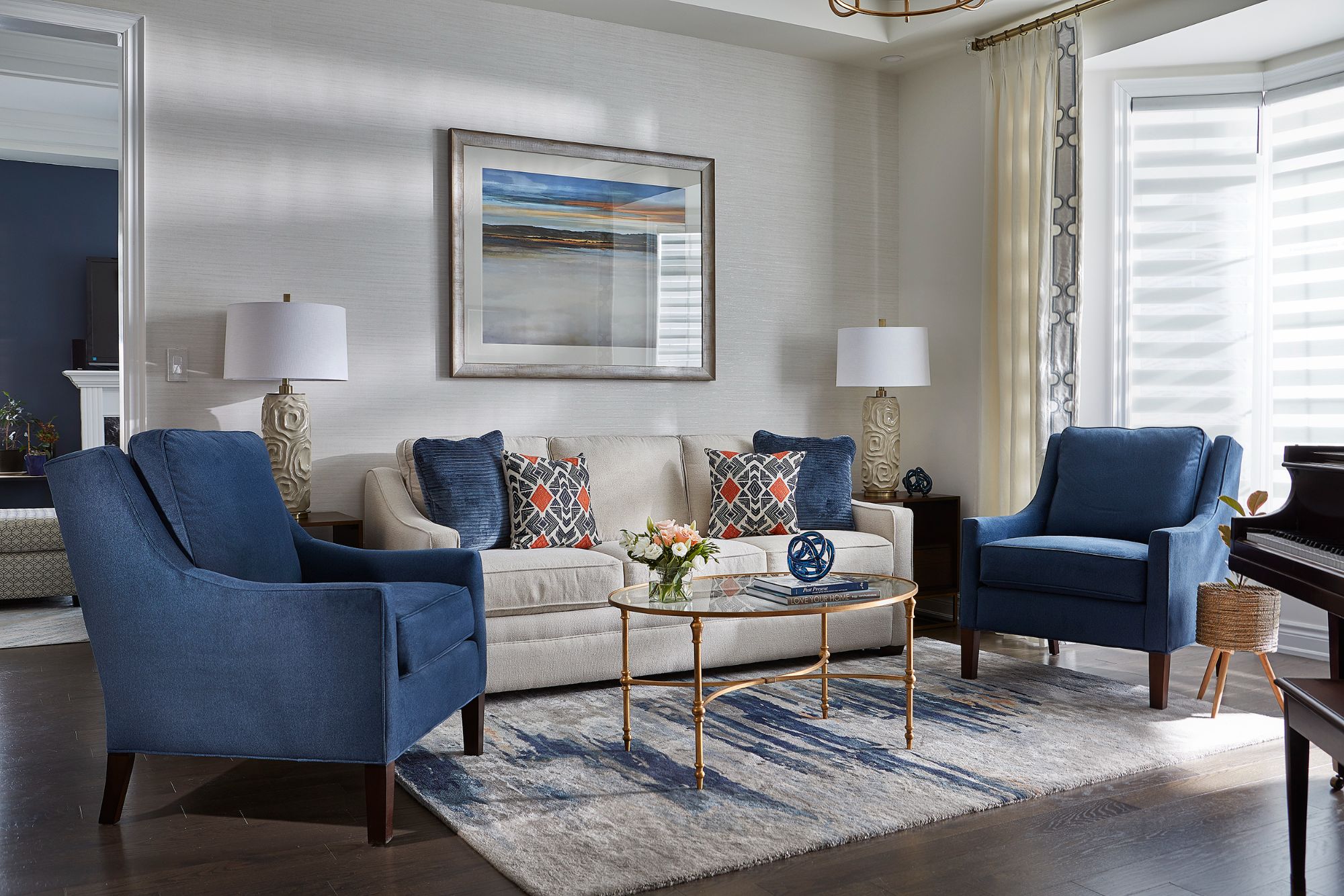 Luxury Interior Service: Sofa and two navy accents chairs