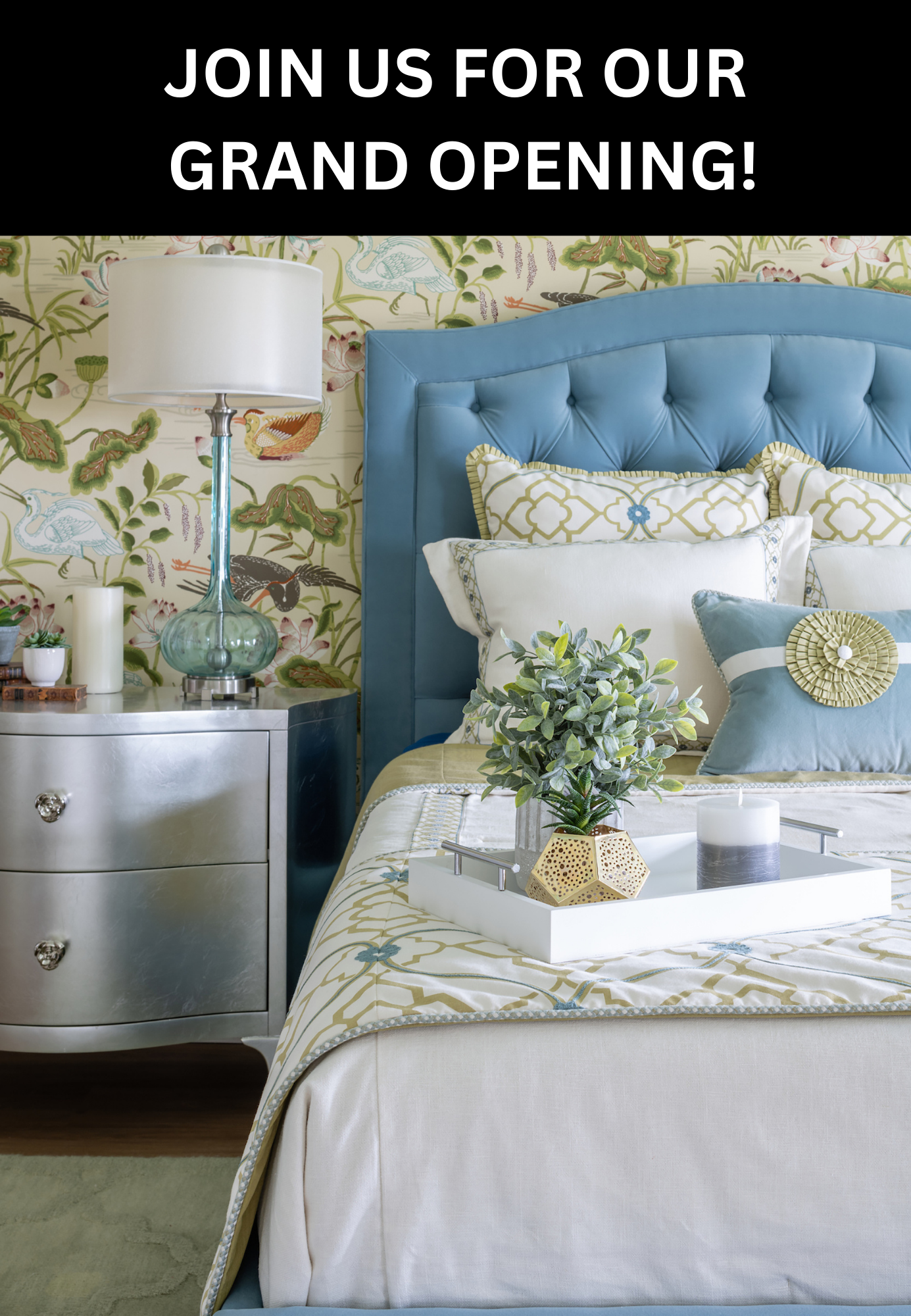 Bedroom with a blue bed frame and wallpaper