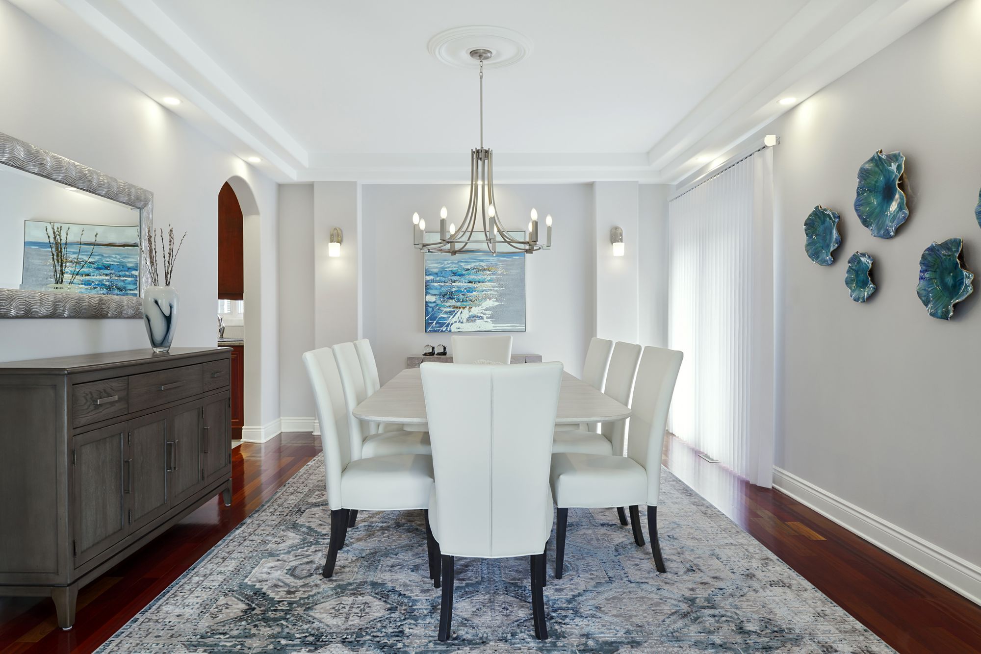 Dining room interior design with blue accents