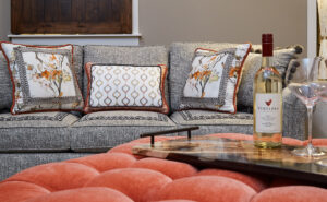 Sofa with patterned accent pillows